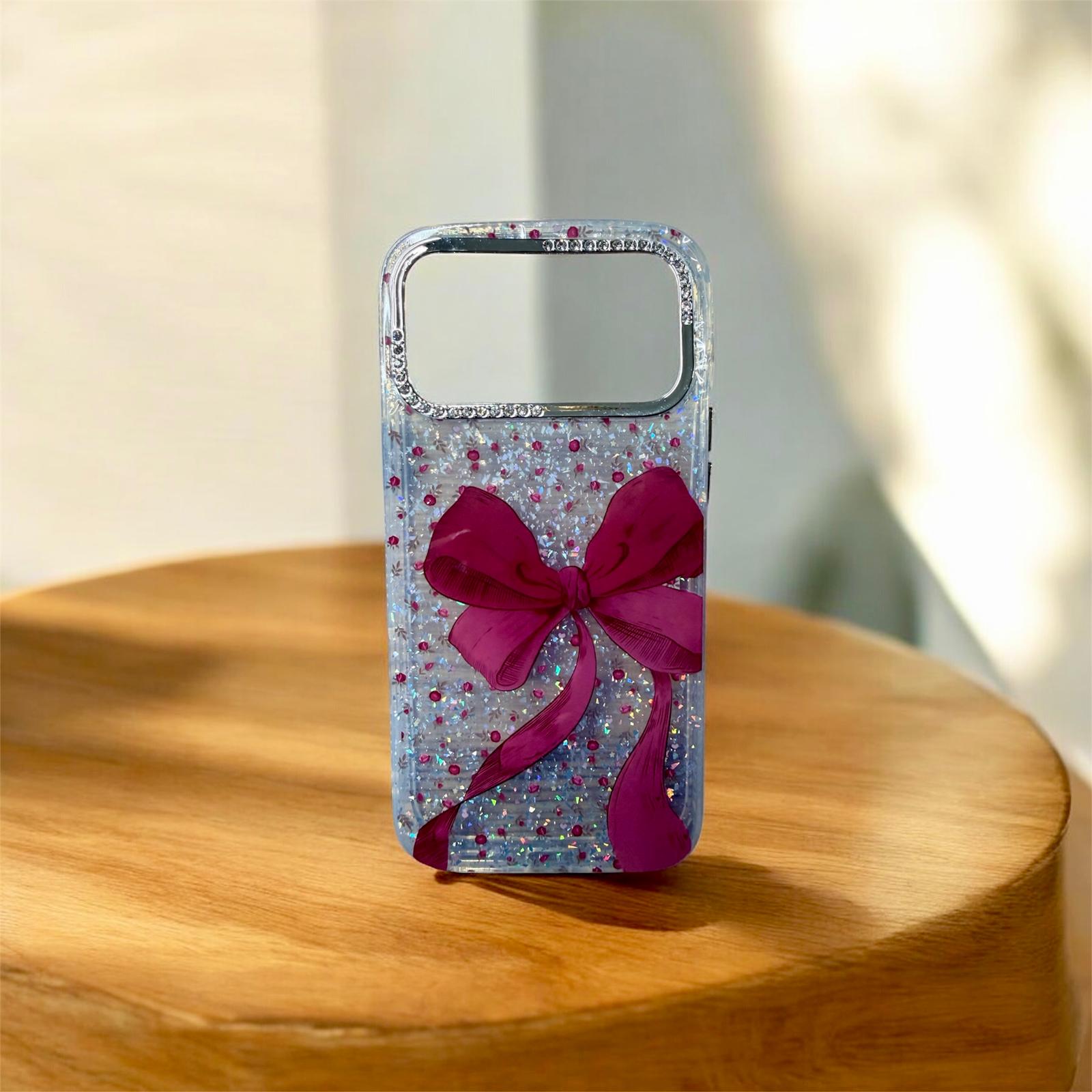 5 Kırmızı Fiyonk Desen Taşlı İphone 17 Pro Max Kılıf - Görsel 1